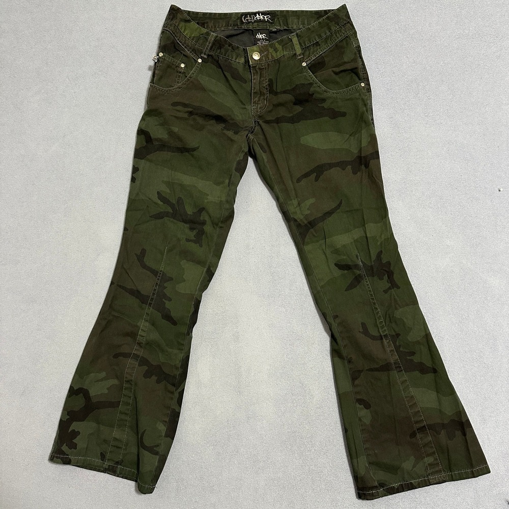Chor‎ Womens Camo Flare Leg Pants Green Camouflage Mid Rise Size 9 Y2K Grunge